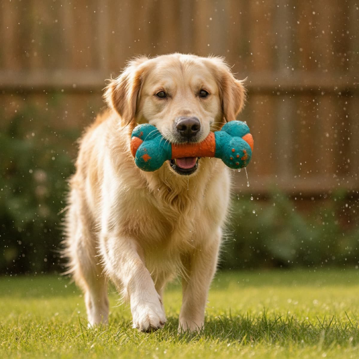 A large dog chewing on a durable rubber toy