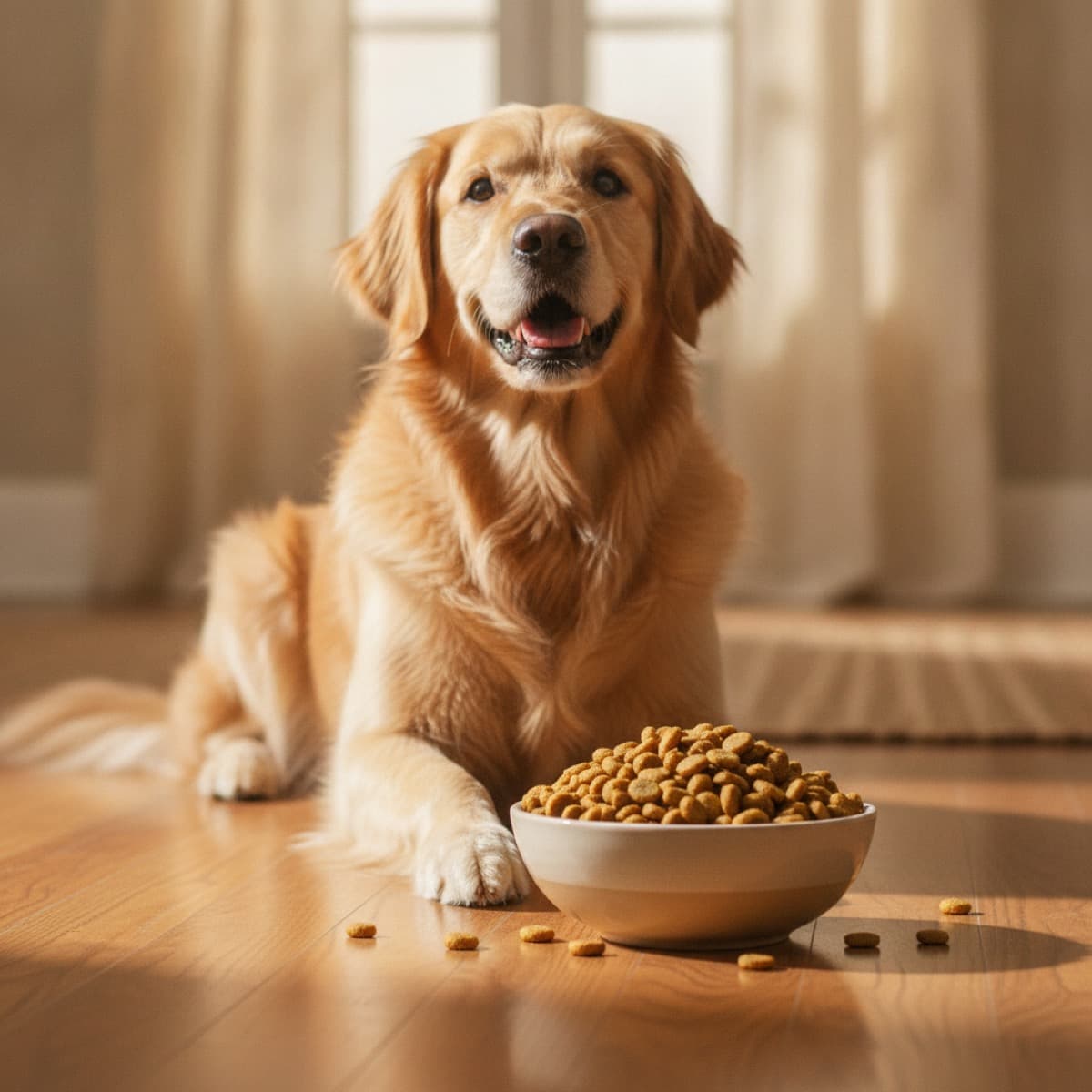 A happy dog sitting next to a bowl of kibble