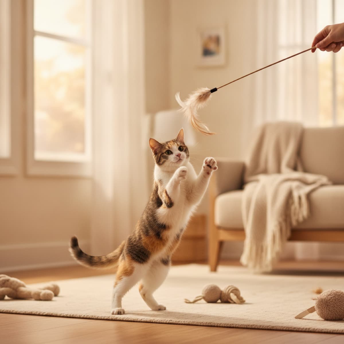 An indoor cat leaping to catch a feather wand toy in a living room