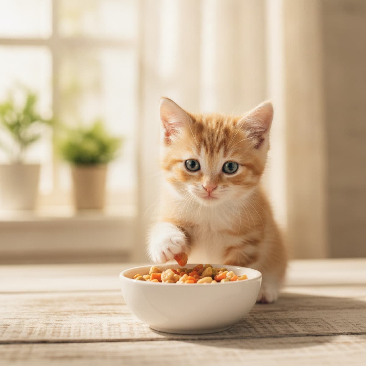A small kitten eating from a shallow bowl on the floor