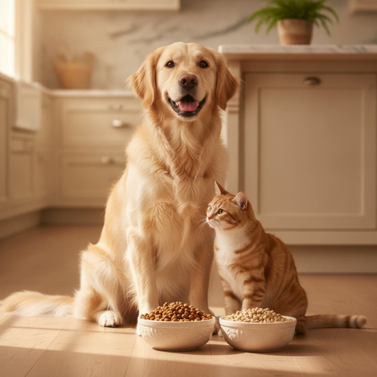 A collection of new pet supplies including a bed, bowls, toys, and a leash
