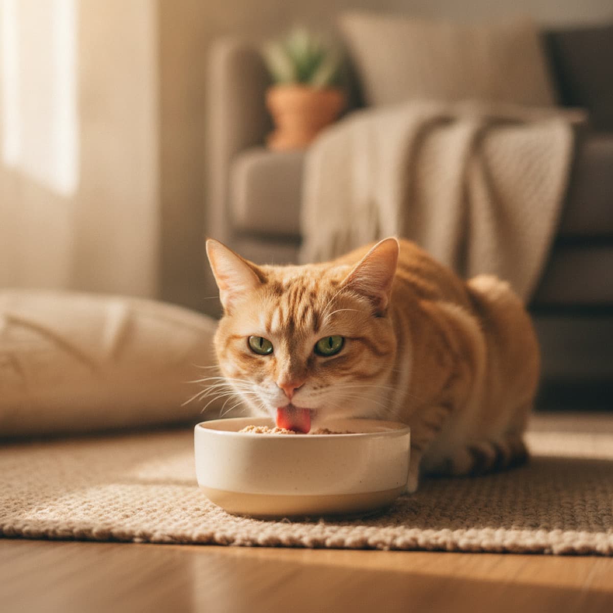 A bowl of wet cat food next to a bowl of dry kibble on a kitchen floor