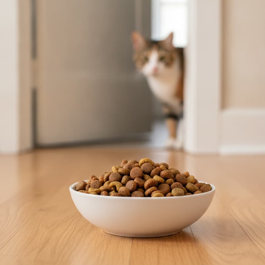 Bowl of dry cat food with a cat in the background