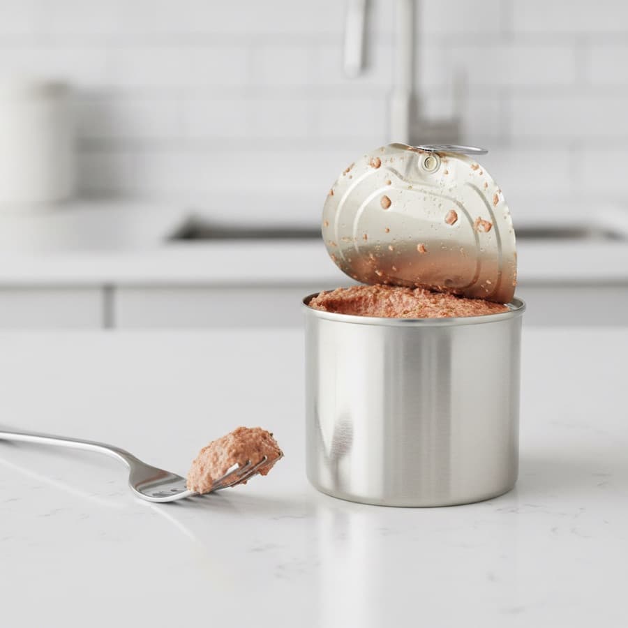 Open can of wet cat food pate