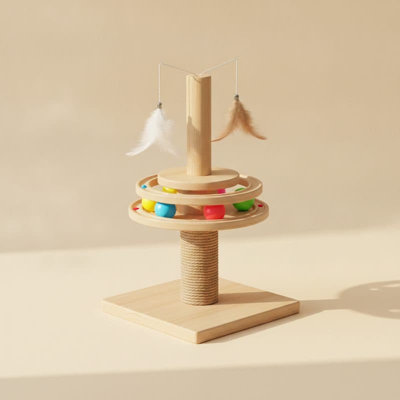 Wooden cat scratching post with sisal rope, ball track and hanging toys