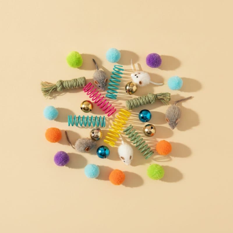Colorful cat toy set with springs, bell balls, toy mice and catnip ropes