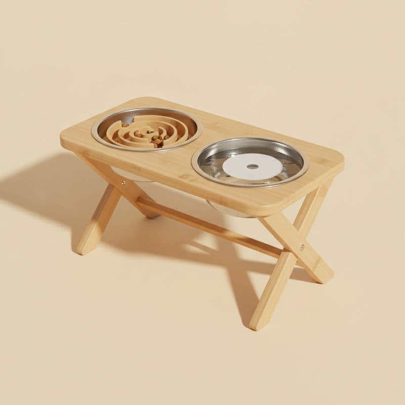 Elevated adjustable dog bowl stand with slow feeder and water bowl