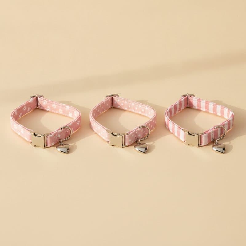 Three pink patterned small dog collars with heart pendants