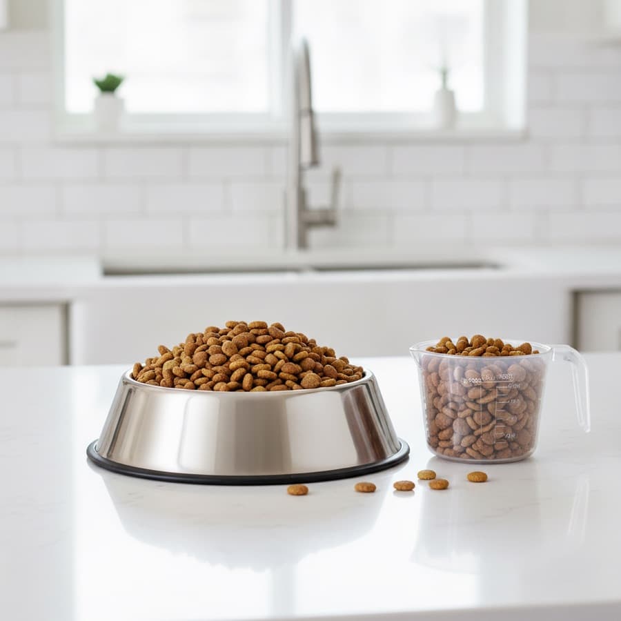 Metal bowl of dog food kibble with a measuring cup