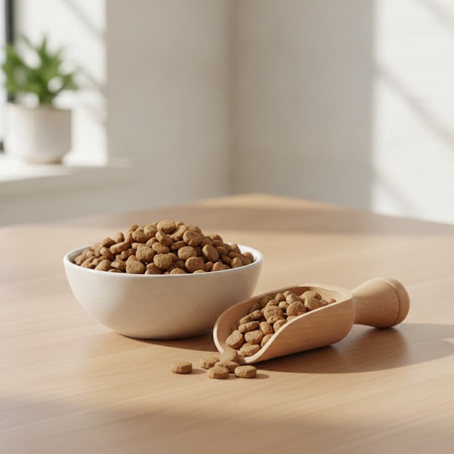 Bowl of natural dog food kibble with a scoop