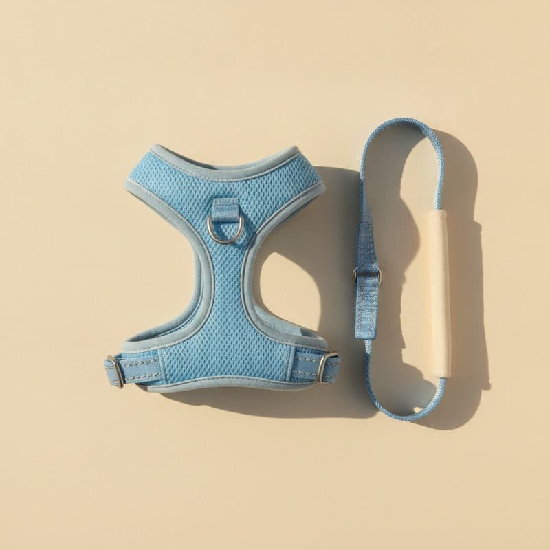 Baby blue mesh step-in dog harness with matching reflective leash