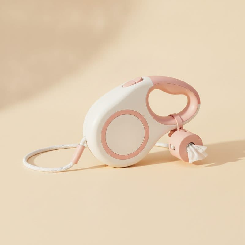 White and pink retractable dog leash with poop bag dispenser