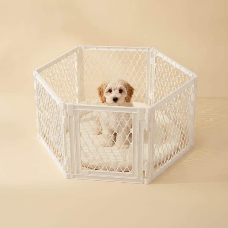 Indoor dog playpen with six panels and a walk-in gate