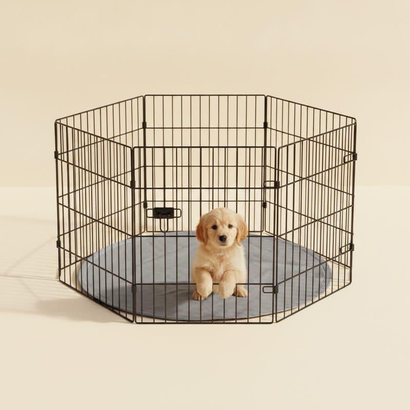 Black metal octagonal dog playpen with door and waterproof bottom pad