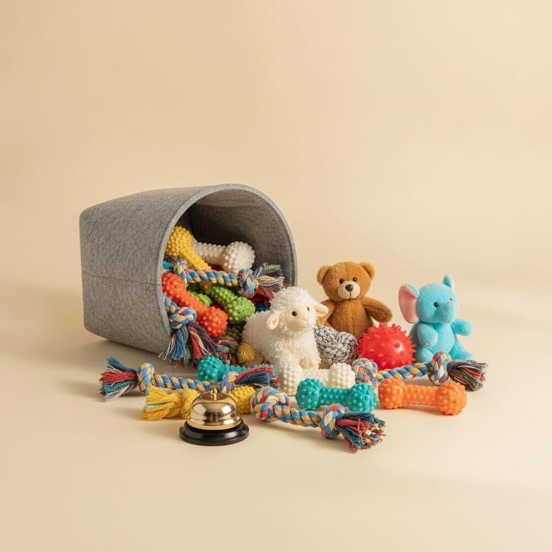 Puppy toy set with rope toys, plush squeaky toys and a felt storage bin